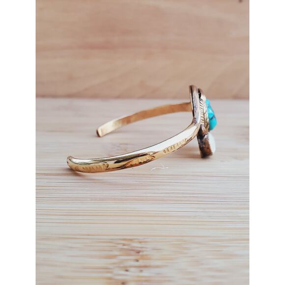 Navajo Turquoise Sterling Silver GF Gold Filed Cuff Bracelet Small 6.75in - Picture 6 of 9